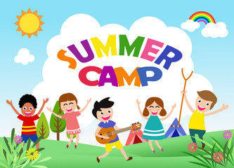 Happy children are jumping and dancing. Ready for your message. blank template character. vector illustration summer camp concept