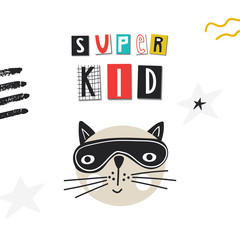 Super Hero - cute and fun kids nursery poster with cat animal and hand drawn lettering. Vector illustration.