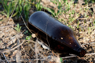 Glass bottle on the ground in the field. Soil filled with grass and dry leaves, stop the contamination.