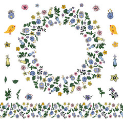 floral garland with flowers in doodling style and endless brush.