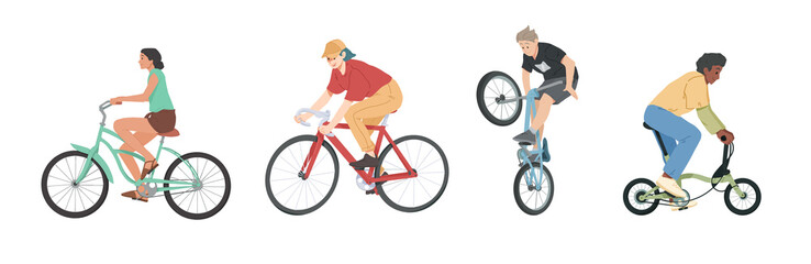 Fototapeta na wymiar People riding bicycles of various types set, men, women and children on bikes