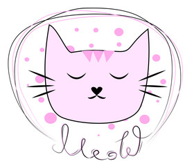 funny cat girl face in a flower chain, with text Meow. Isolated objects
