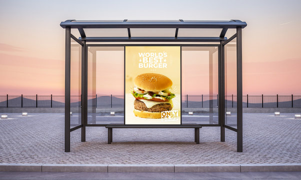 burger billboard on bus stop kiosk