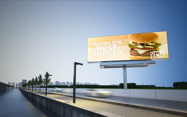 burger billboard mockup on highway - obrazy, fototapety, plakaty