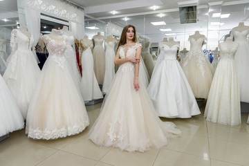 Beautiful bride wearing wedding dress in salon
