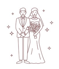 Smiling bride and groom drawn with contour lines on white background. Portrait of happy newlyweds standing together. Romantic wedding celebration. Monochrome vector illustration in linear style.