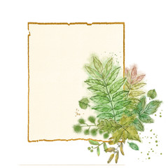Gold Edge Paper Page with Green Leaf Vignette. Watercolor Botanical Artwork for Print, Background, Card, Invitation, Banner, etc.