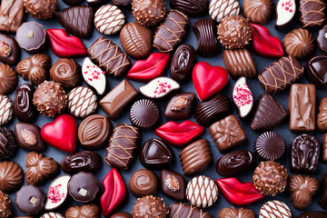 Assortment of fine chocolate candies, white, dark and milk chocolate. Sweets background. Copy...