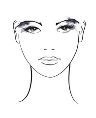 Beautiful young woman with makeup on eyes. Fashion sketch. Fashion girls face. Hand-drawn fashion model. Woman face on a white background. Cosmetics. Smoky eyes.