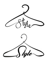 Creative fashion style logo design. Vector sign with lettering and hanger symbol. Logotype calligraphy - obrazy, fototapety, plakaty