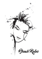 Beautiful young woman with closed eyes. Fashion sketch. Fashion girls face. Hand-drawn fashion model. Woman face on a white background. Cosmetics. Hairstyle.