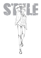 Vector young man models. Fashion sketch. Fashion man in a jacket, shirt and jeans. Hand-drawn fashion model. Fashionable man shows street style.