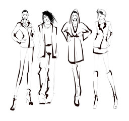 Fashion models sketch hand drawn , stylized silhouettes isolated.Vector fashion illustration set.