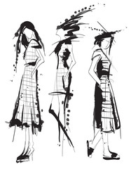 Fashion models sketch hand drawn , stylized silhouettes isolated.Vector fashion illustration set.