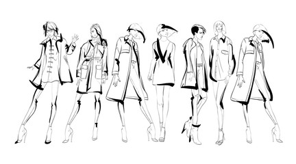 Fashion models sketch hand drawn , stylized silhouettes isolated.Vector fashion illustration set.