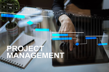 Project management concept, time and human resources, risks and quality and communication with icons on virtual screen.