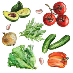 Set of vegetables for salad letuce ruccola tomatoes avocado garlic bell pepper cucumber onion