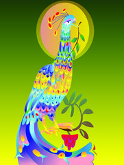 ornamental peacock with green twig and red berries