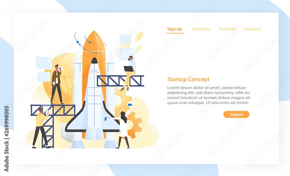 Poster group of people preparing spaceship, rocket, spacecraft or shuttle for space journey. startup compan