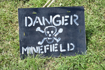 Danger minefield, black sign with white skull and crossbones on a grass, closeup - 269998508