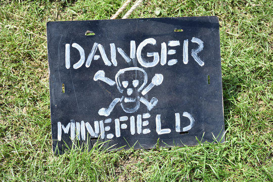 Danger minefield, black sign with white skull and crossbones on a grass, closeup