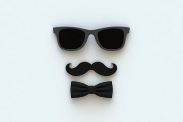 Fototapeta premium Happy Father’s Day concept with mustache and glasses on white background, Top view with copy space, 3d rendering