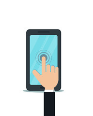 Black smartphone vector design with hand touching blank screen. Mobile phone touch gesture icon with pointer finger, press, push, click or tap action.