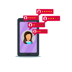 Customer review rating on mobile phone. 5 star rating system, bubble speech with user profiles. Concept of client grading system, testimonials, notifications, feedback evaluation, chat
