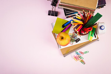 Set of colorful school supplies, books and notebooks. Stationery accessories. Top View.