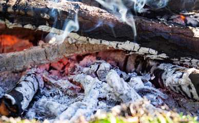 Macro shot of Burning coal. Glowing embers smoldering in the fireplace