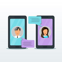 Smartphone with online chat messages notification isolated on white background, flat design of mobile phone, sms speech bubbles, man chatting with woman, gossip, internet dating, conversation, dialog