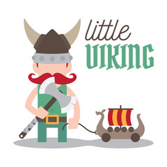 Vector little viking with helmet, two-handed ax and toy ship. Isolated white background.