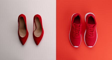 A studio shot of pair of running vs high heel shoes on color background. Flat lay.