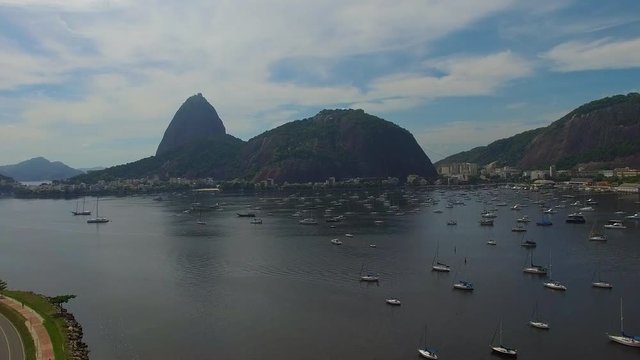Pao Acucar or Sugar loaf mountain and the bay of Botafogo, Plane passing Rio de Janeiro, Brazil, South America