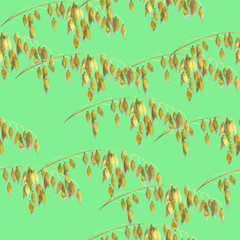 Acrylic drawn oats branches on green background, seamless pattern