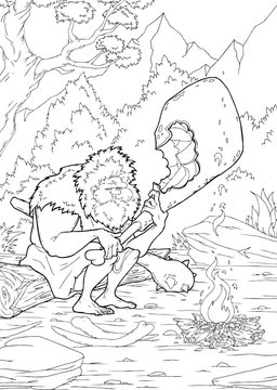 Black and White Cartoon Illustration Educational Activity for Children with Prehistoric Characters Coloring Page