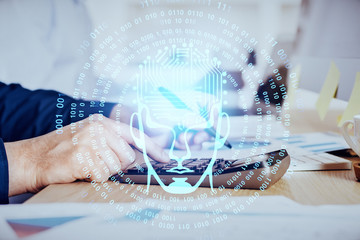 Man with multi exposure brain theme icons.