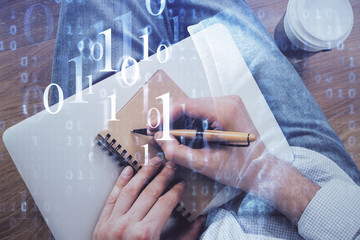 Writing human hands with data theme multi exposure icons.
