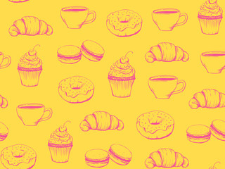 Coffee and sweets handdrawn pattern yellow