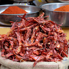 Hot red pepper background in the local market for sale, India, close up