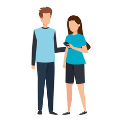 young couple using smartphone characters