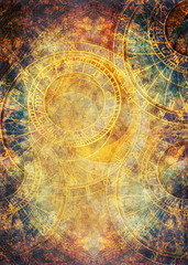 Old clock and zodiac collage. Abstract color background.