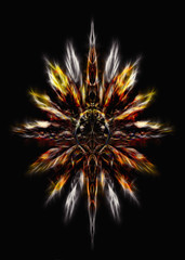 Ornamental graphic in shape of a star with feathers, fractal effect.