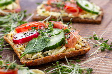 Sandwiches with cream cheese, vegetables and salami.