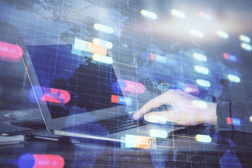 A man working on Laptop with technology theme drawing. Concept of big data. Double exposure.