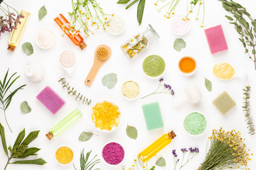 Spa aromatherapy floral background, flat lay.