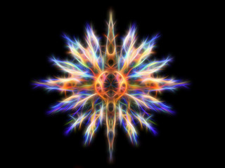 Ornamental graphic in shape of a star with feathers, fractal effect.