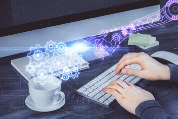 Fototapeta premium Double exposure of tech drawings with hands working on computer background. Concept of innovation.