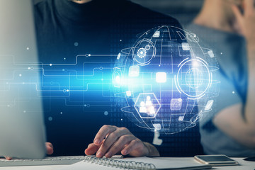 Fototapeta premium Media network theme hologram with man working on computer on background. Concept of internet communication. Double exposure.