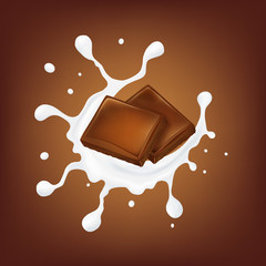 Splash milk with chocolate chips, vector.